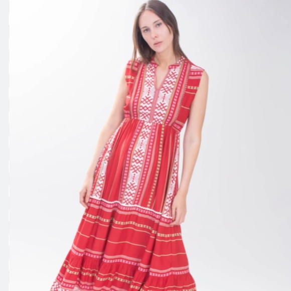 Area Stars Hudson Spring Summer Dress Red White Long Maxi dress, Sleeveless boho - Picture 2 of 8